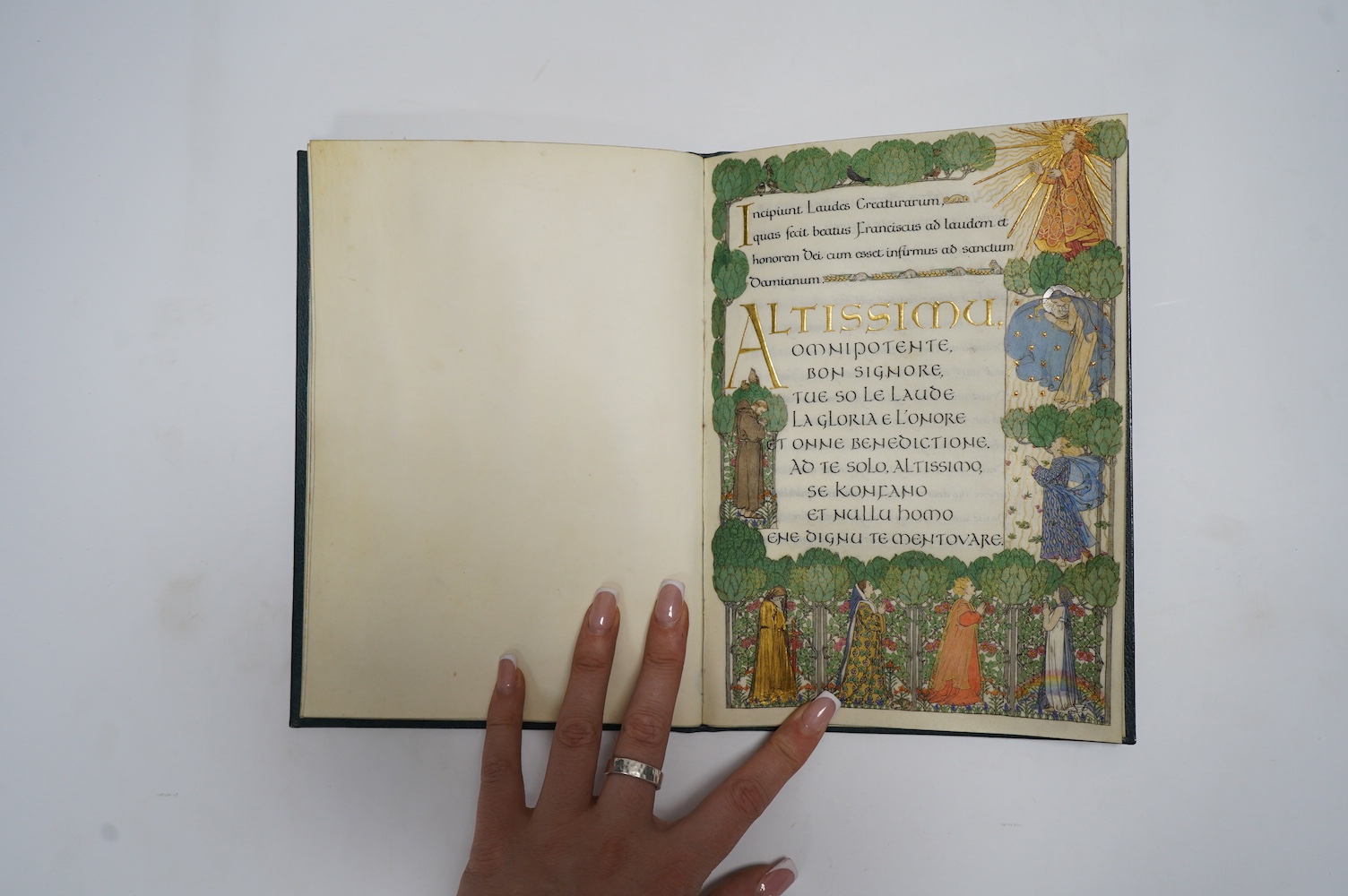 Kingsford, Florence [Lady Cockerell] (1871-1949), (illustrator), Graily Hewitt (1864-1952), (calligrapher) - Hymn of Saint Francis, with an finely executed illuminated title, the borders worked with Saint Francis and sev